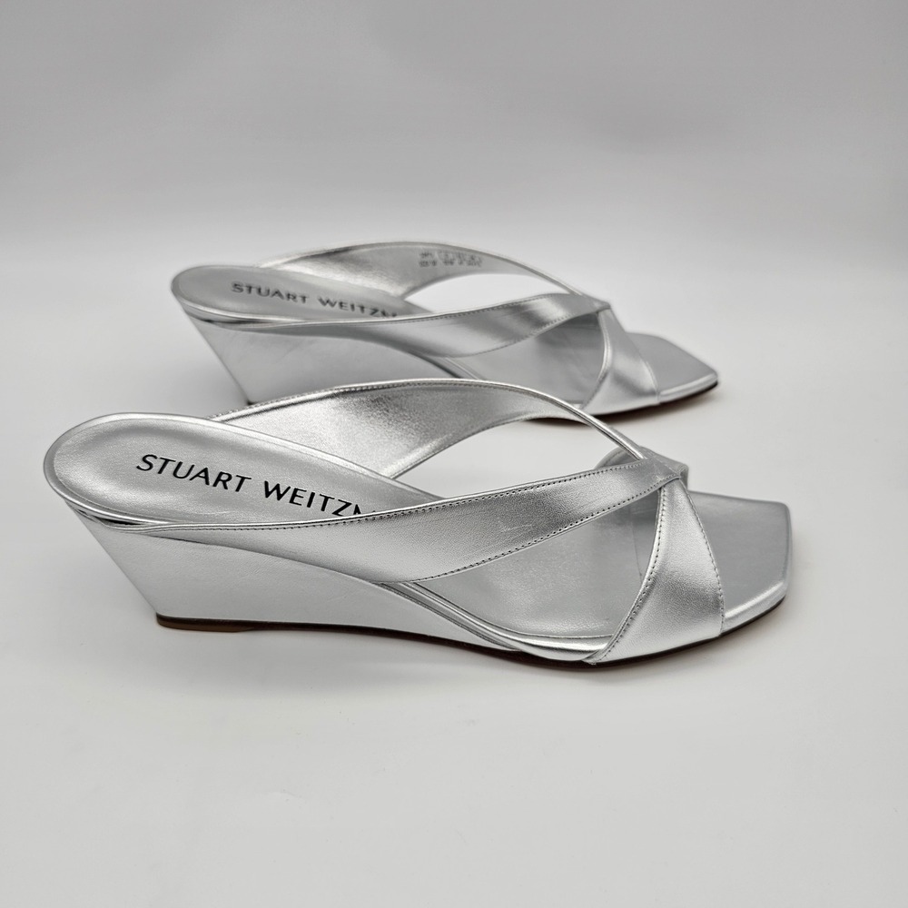 Stuart Weitzman Womens Miami 50 Wedge Slide Sandals Metallic Silver 10.5B New